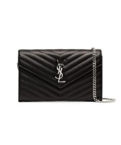 Saint Laurent Chain-strap YSL-plaque grained-leather wallet