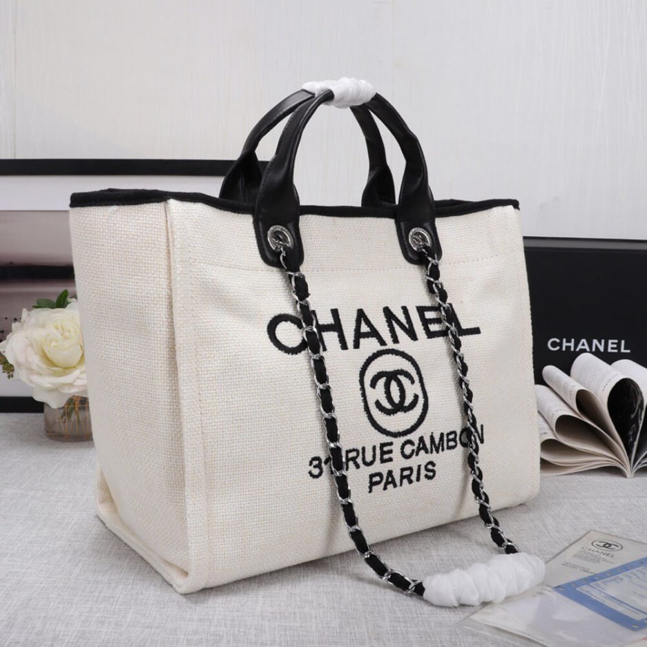 CHANEL Woven Straw Raffia Striped Medium Deauville Tote - Image 3